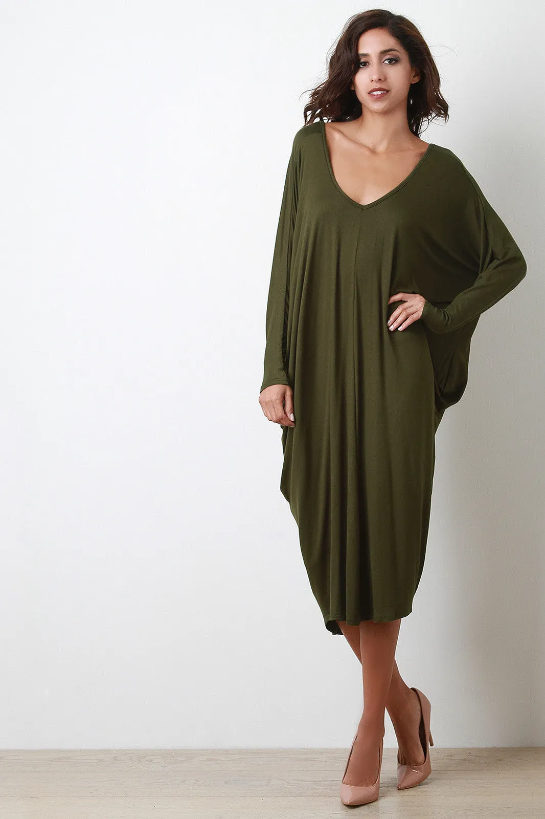 Dolman Sleeve Loose Fit Midi Dress