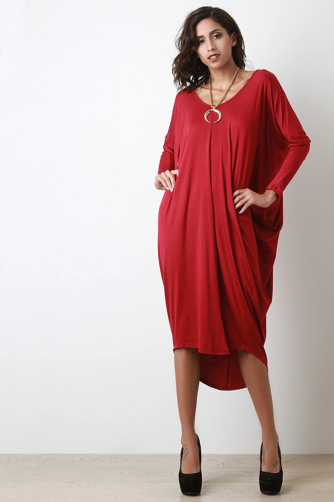 Dolman Sleeve Loose Fit Midi Dress