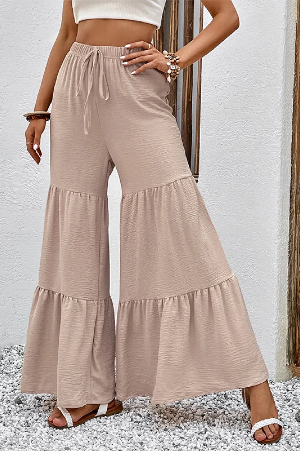 Drawstring Waist Tiered Flare Culottes