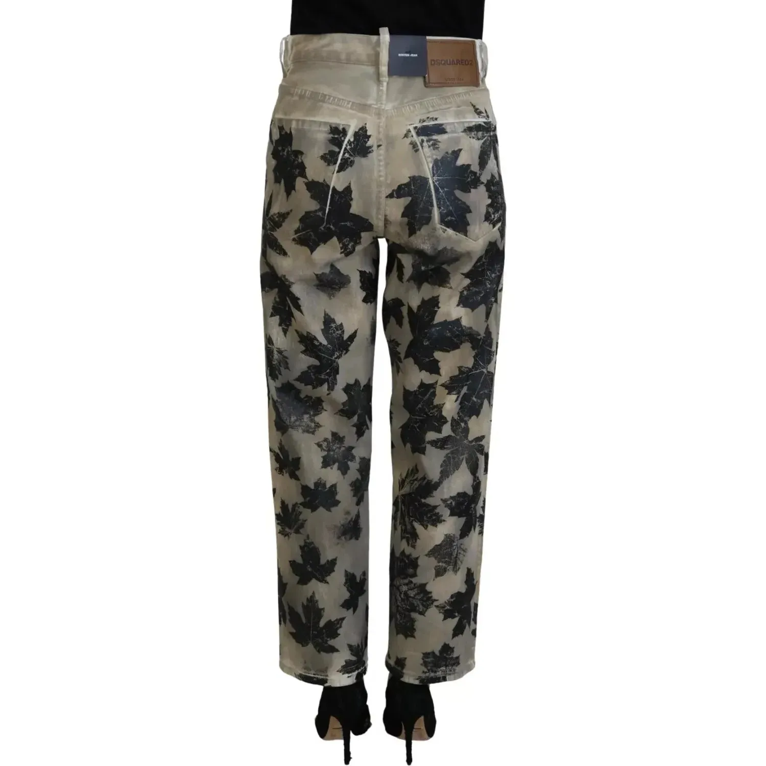 Dsquared² Beige Leaves Cotton High Waist Denim Jeans Boston