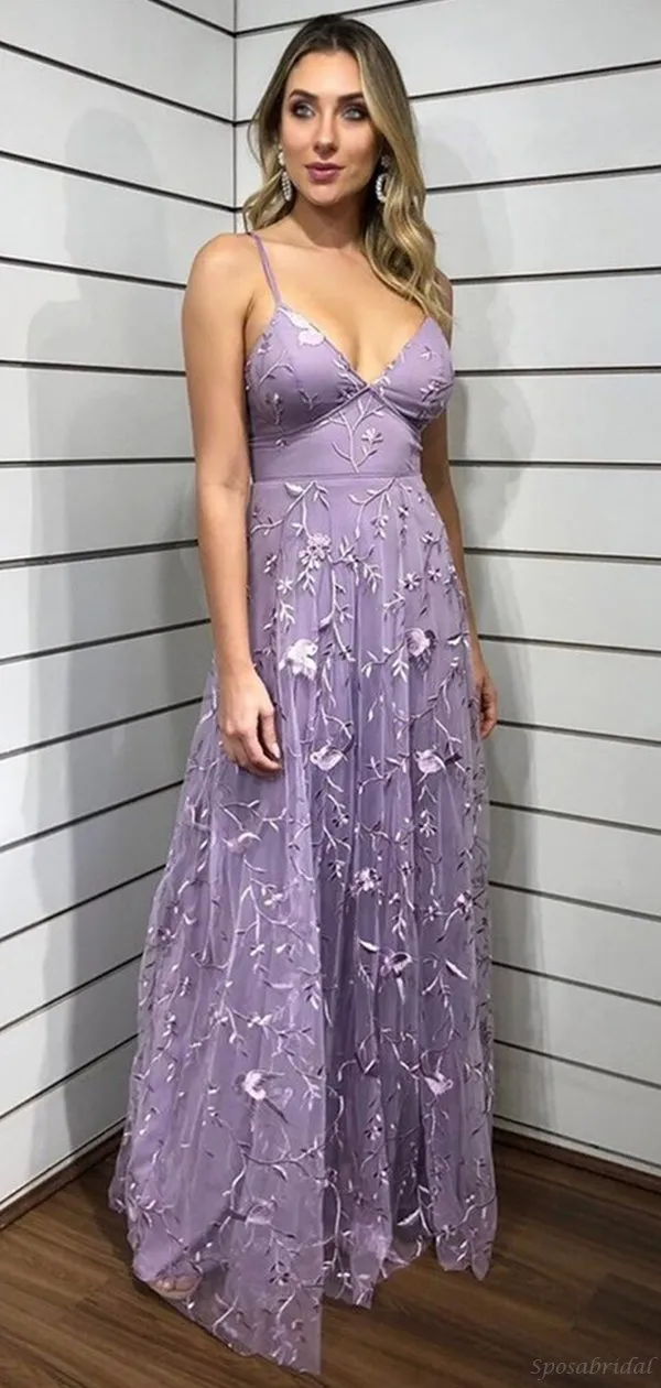 Dusty Violet Spaghetti Straps V-neck A-line Long Floral Prom Dress