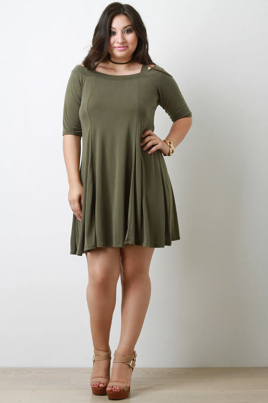 Elbow Sleeve Cold Shoulder Shift Dress