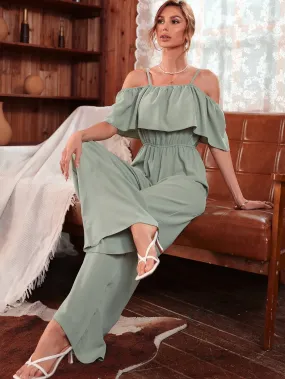 Elegant Plain Ruffle Half Sleeve Cold Shoulder Natural Long Women Jumpsuit