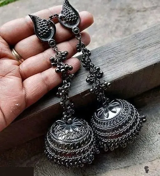 Elite Oxidised Silver Earring German Silver Jhumkas