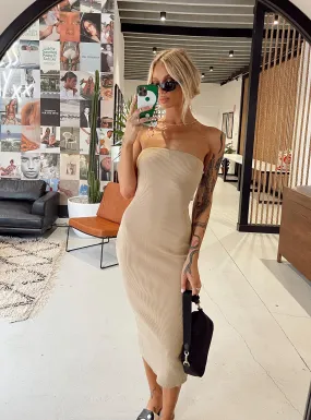 Ethan Strapless Midi Dress Beige