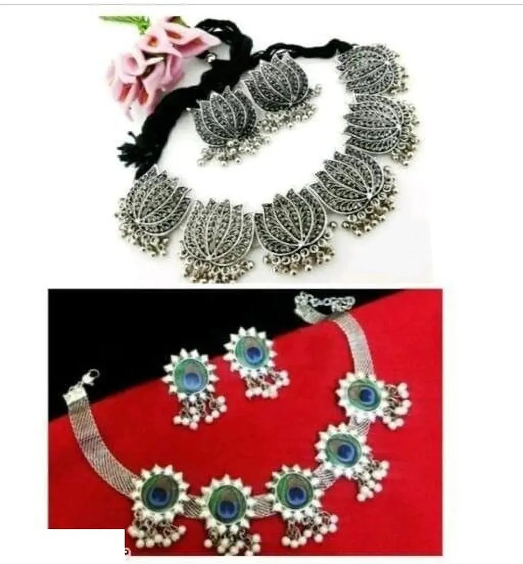 Fashionable Silver-Plated Oxidised Silver Jewellery Set Combo of 2