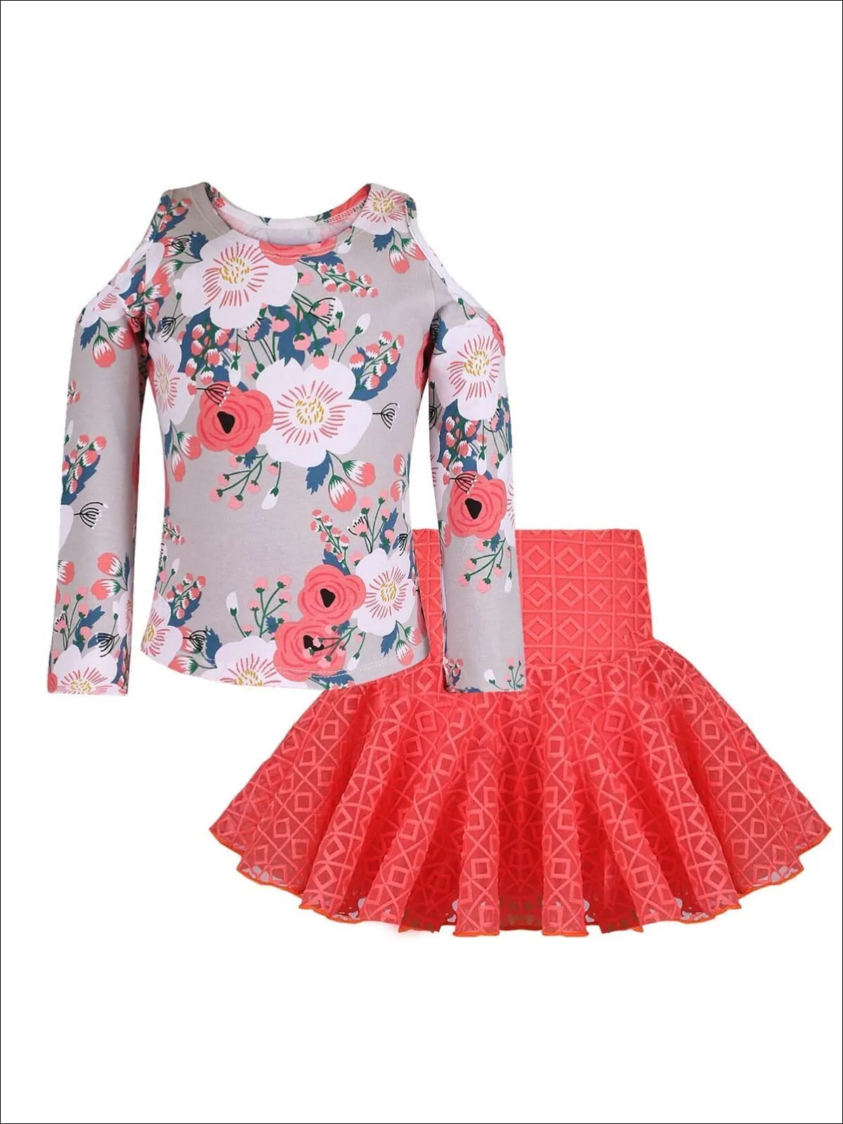 Girls Coral And Floral Cold Shoulder Top with Lace Skirt Set