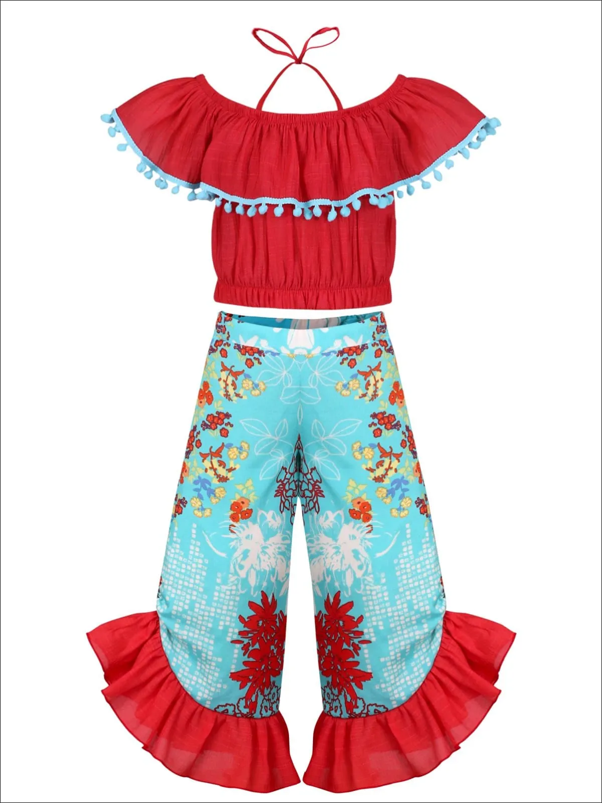 Girls Off the Shoulder Trimmed Ruffle Halter Neck Top And Floral Ruffled Palazzo Pants Set