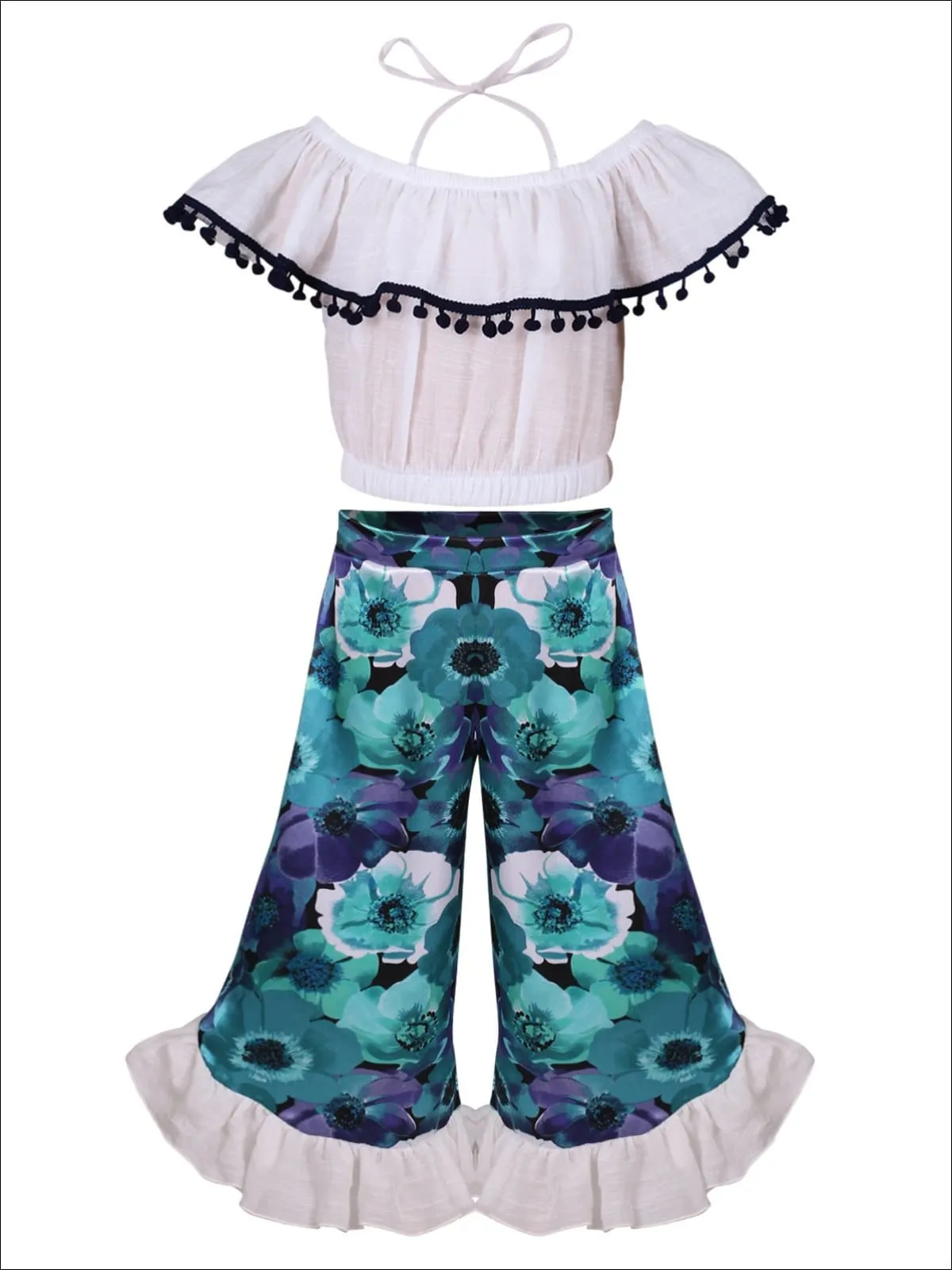 Girls Off the Shoulder Trimmed Ruffle Halter Neck Top And Floral Ruffled Palazzo Pants Set