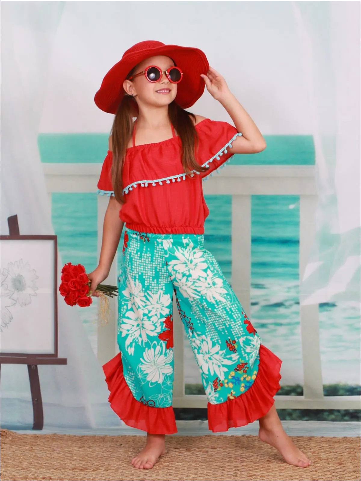 Girls Off the Shoulder Trimmed Ruffle Halter Neck Top And Floral Ruffled Palazzo Pants Set