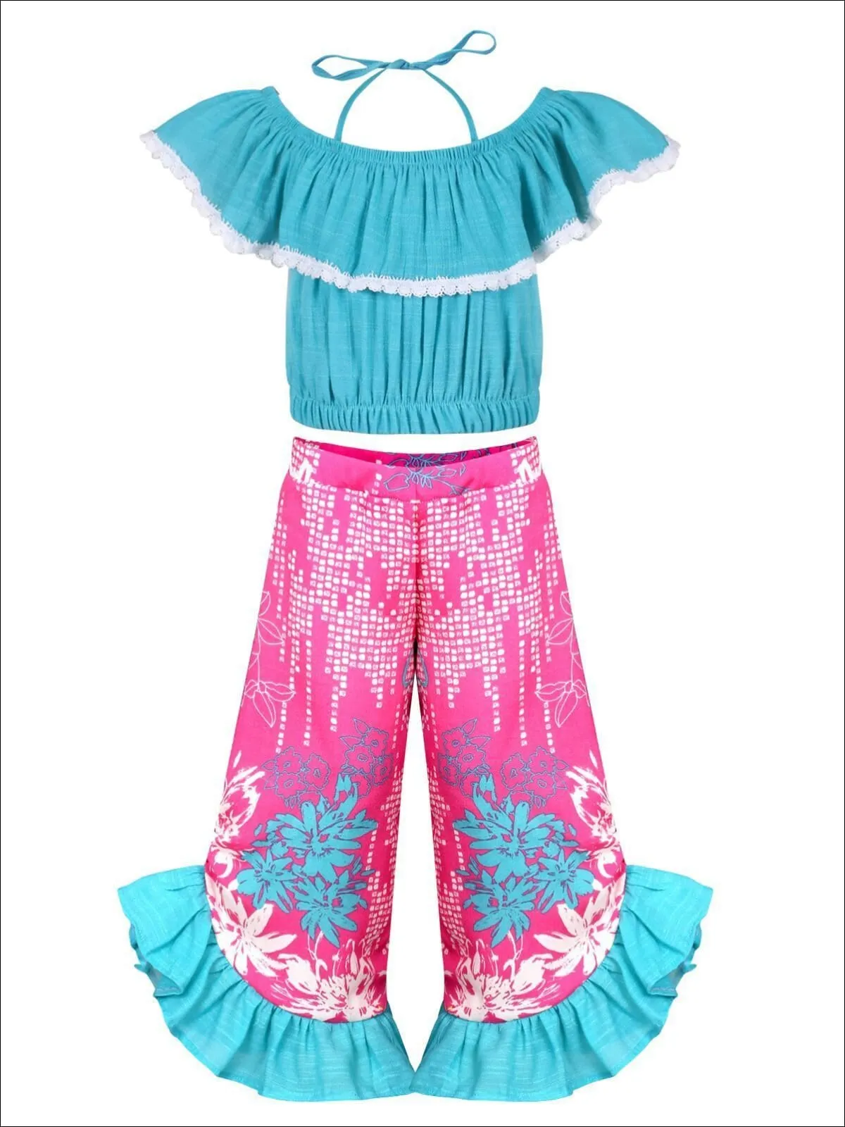 Girls Off the Shoulder Trimmed Ruffle Halter Neck Top And Floral Ruffled Palazzo Pants Set