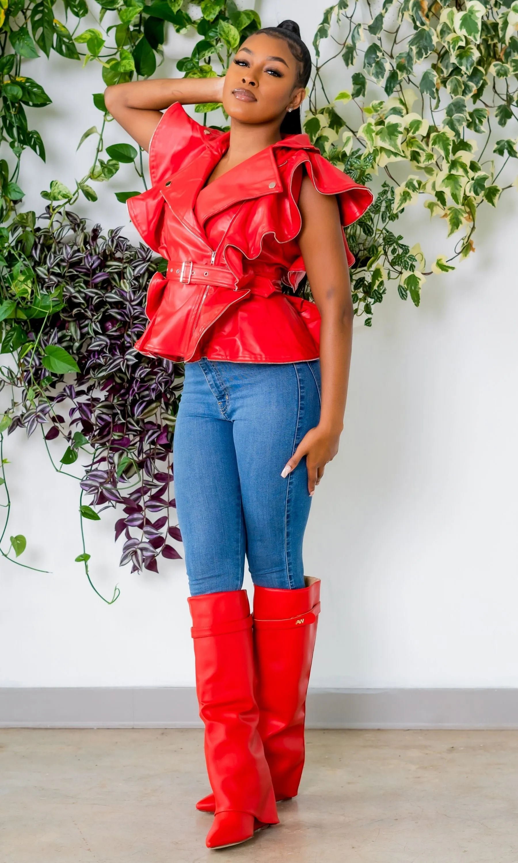 Going Live Sleeveless Vegan Leather Ruffle Jacket - Red