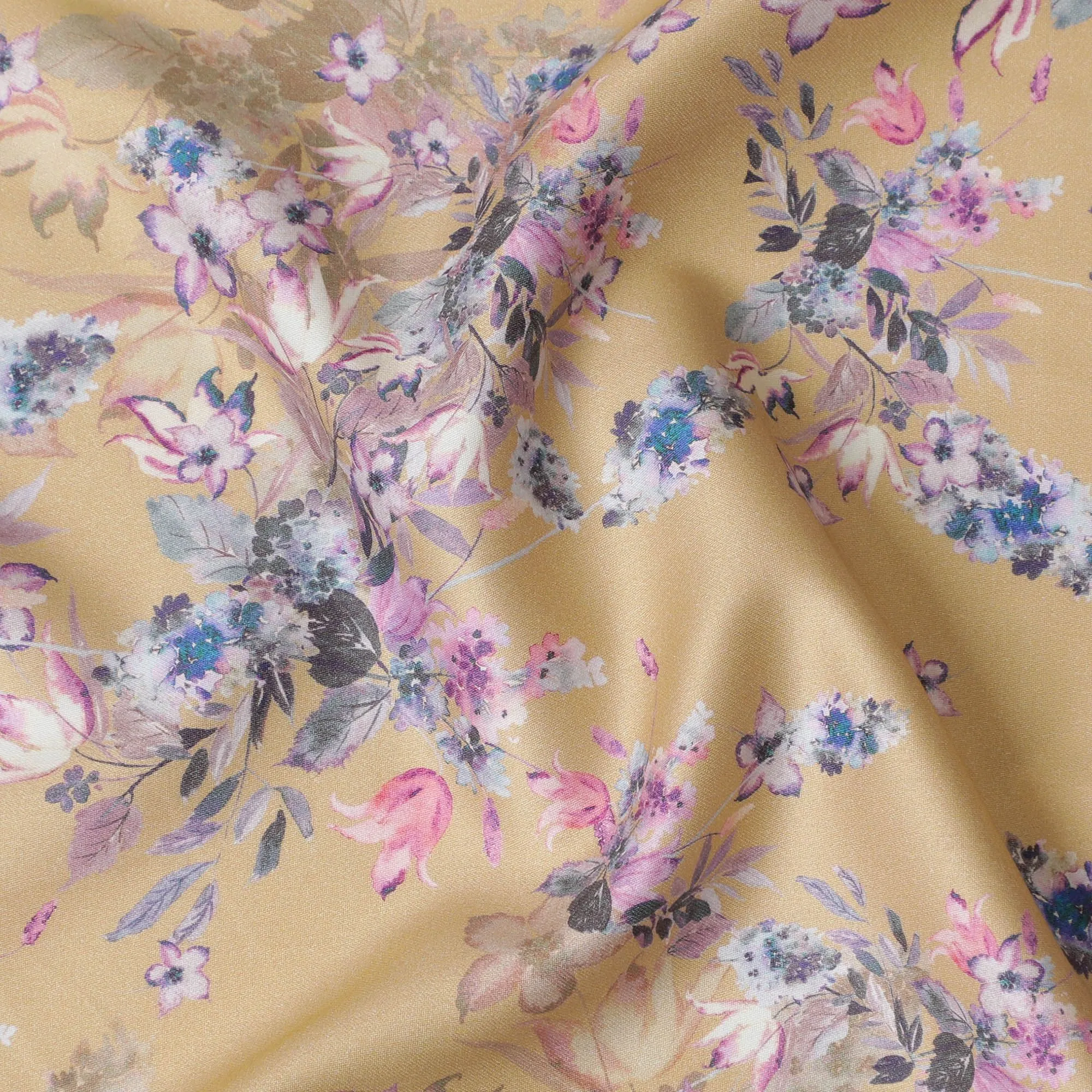 Golden Flourish Cotton Satin Fabric: Printed Perfection-D17588