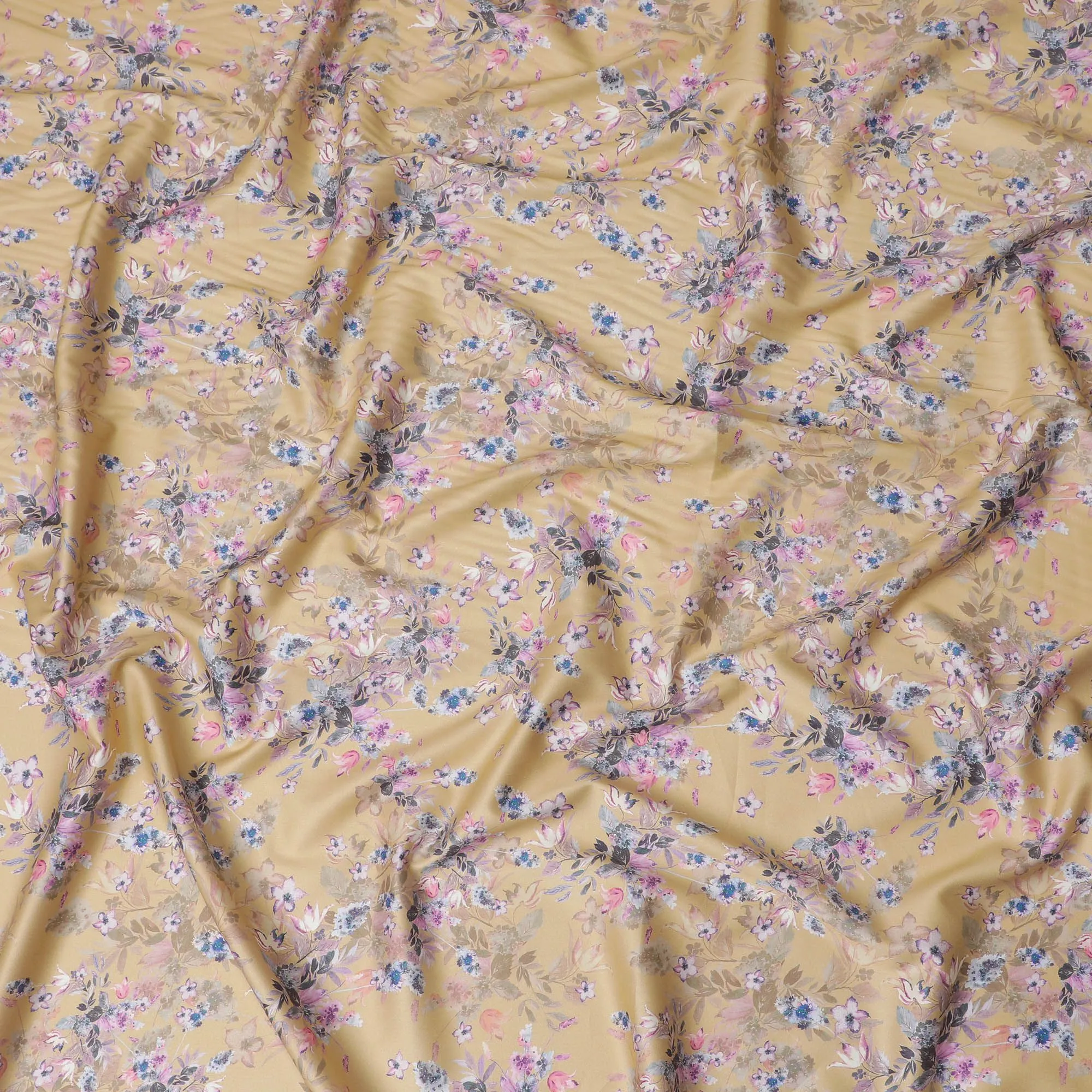 Golden Flourish Cotton Satin Fabric: Printed Perfection-D17588