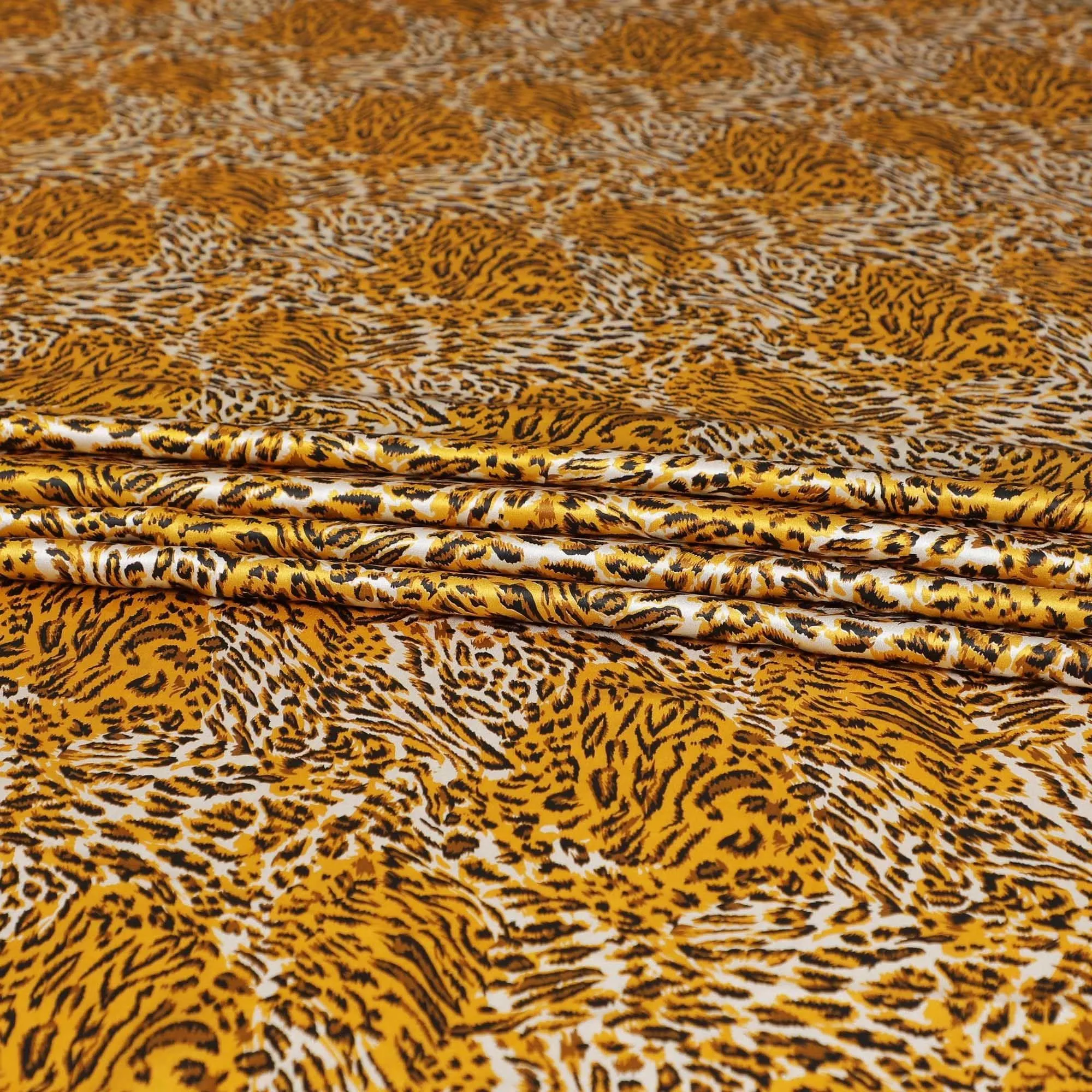 Grey premium 100% Pure silk satin fabric with black and mustard yellow print in animal skin design-D9291