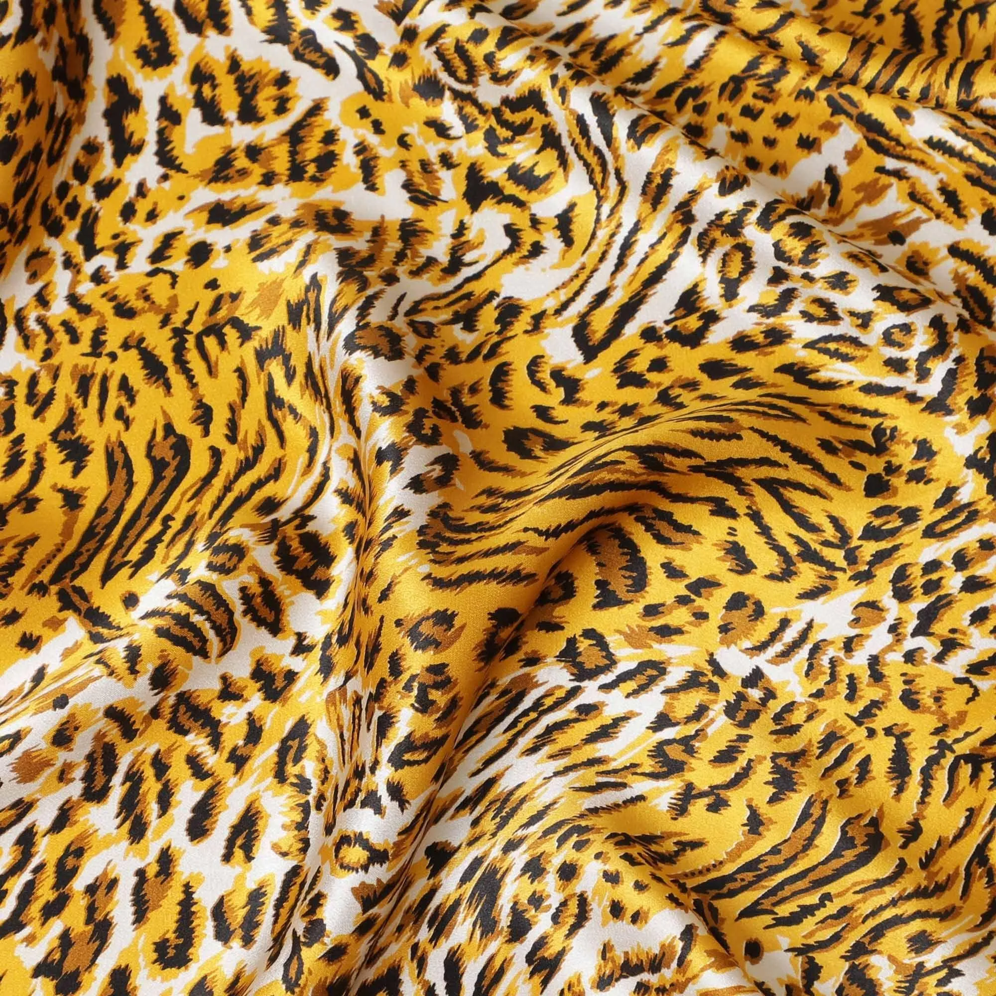 Grey premium 100% Pure silk satin fabric with black and mustard yellow print in animal skin design-D9291