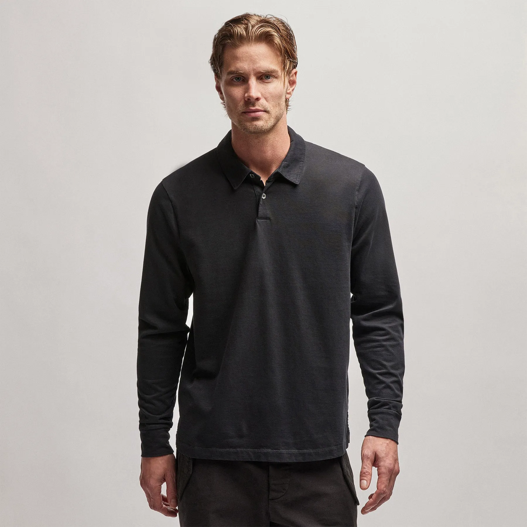 Heavy Luxe Jersey Long Sleeve Polo - Black