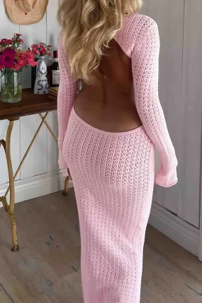 Hollow Out Long Sleeve Backless Knitted Midi Dress