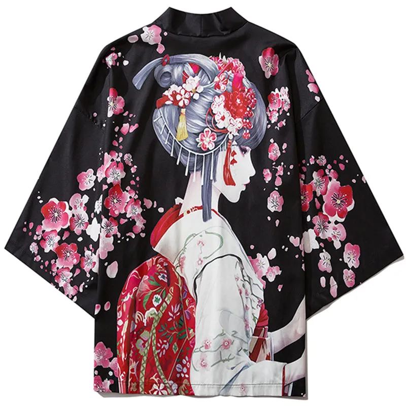 Japanese Sakura Black Red Anime Girl Long Kimono Cardigan Robes | NEW