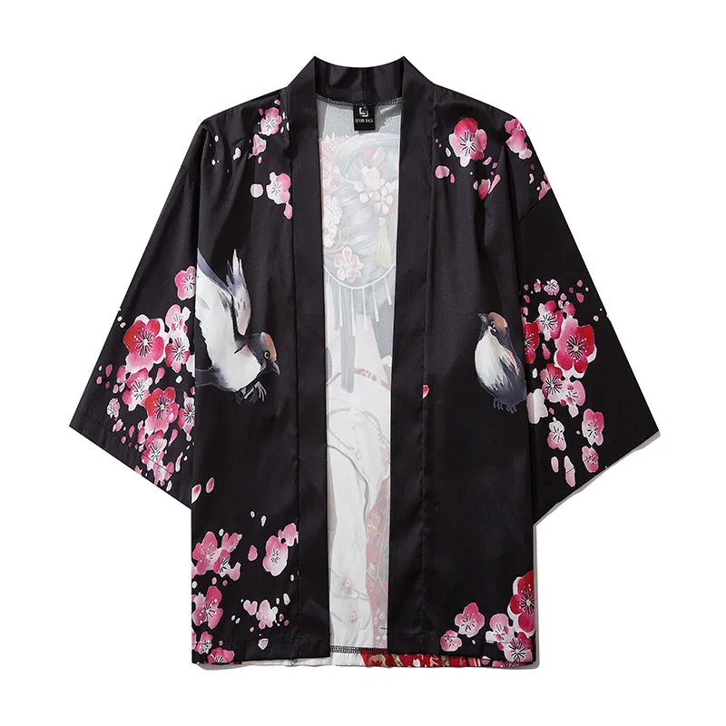 Japanese Sakura Black Red Anime Girl Long Kimono Cardigan Robes | NEW