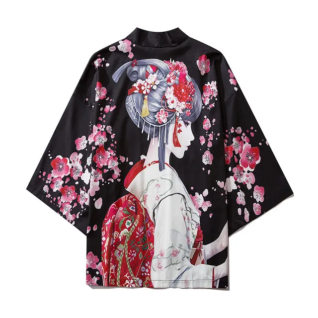 Japanese Sakura Black Red Anime Girl Long Kimono Cardigan Robes | NEW