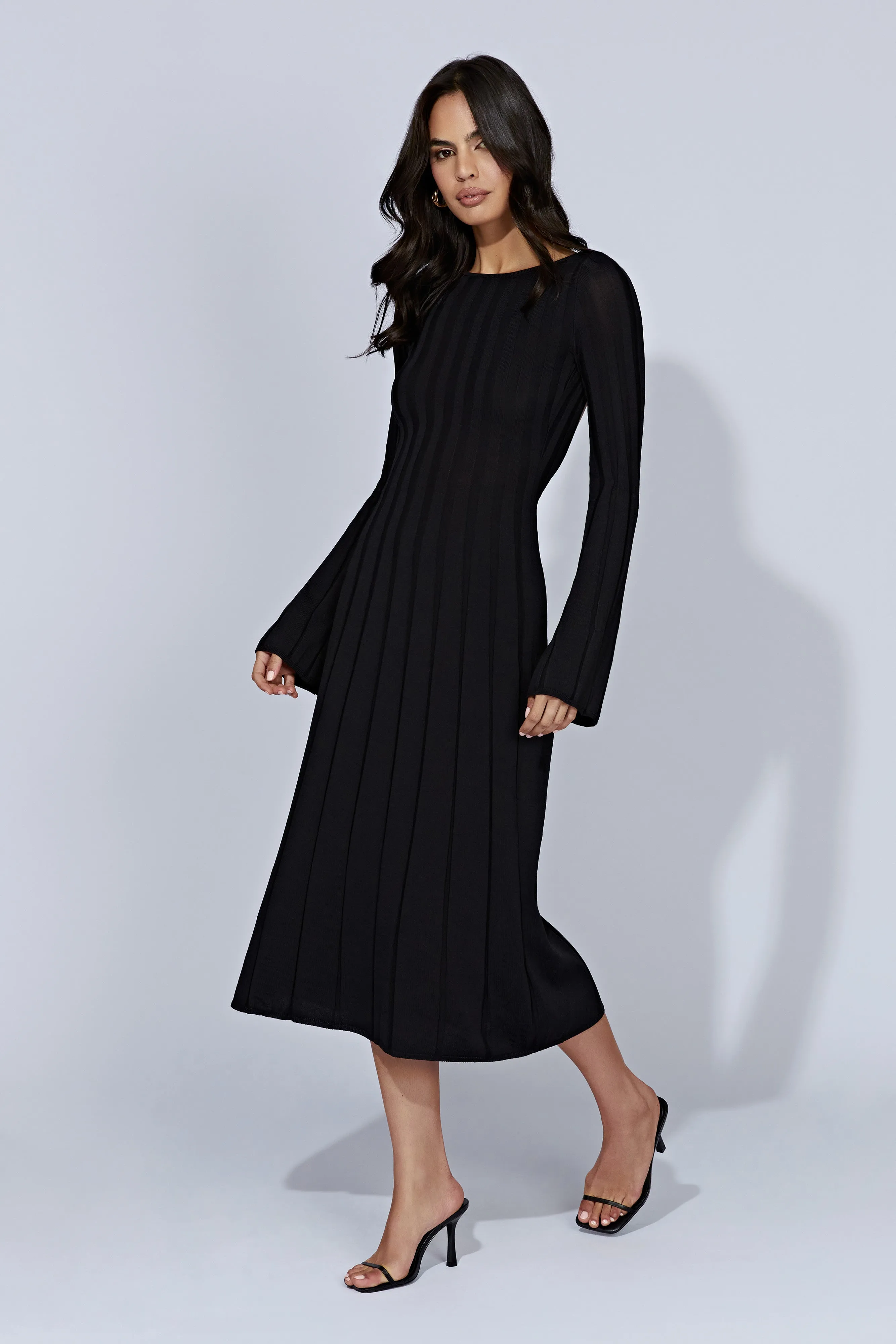 Juniper Flare Sleeve Knit Midi Dress - Black