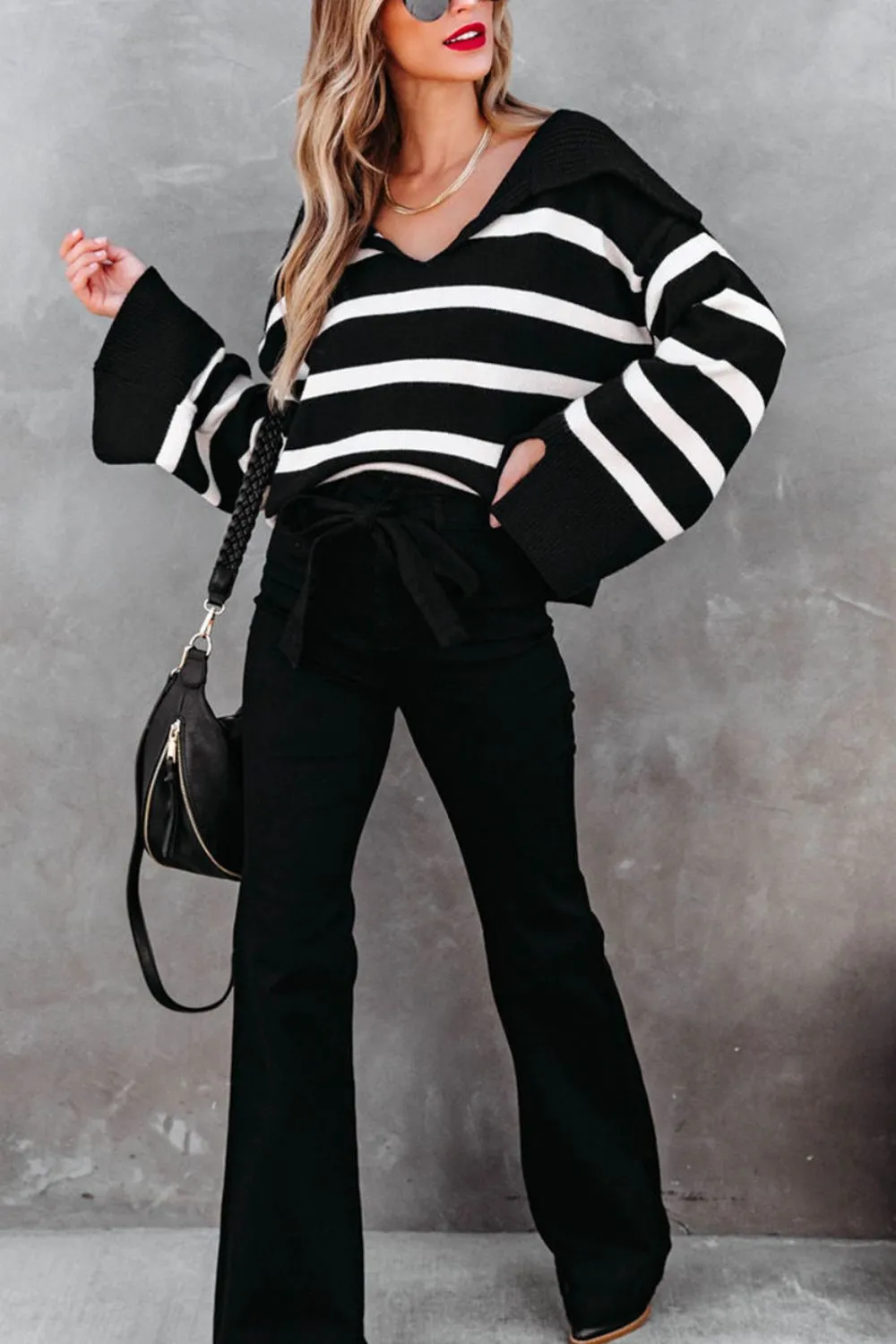 kesley Striped Johnny Collar Long Sleeve Sweater