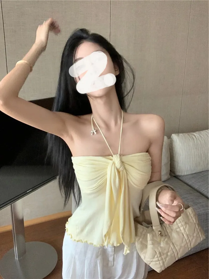 Lanfubeisi 2000s fashion Hot Girl Sexy Knitted Halter Vest Women's Summer Hot Girl Style Strap Backless Slim Slimming Short Top