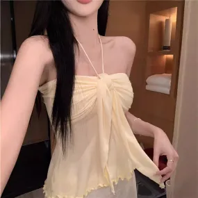 Lanfubeisi 2000s fashion Hot Girl Sexy Knitted Halter Vest Women's Summer Hot Girl Style Strap Backless Slim Slimming Short Top