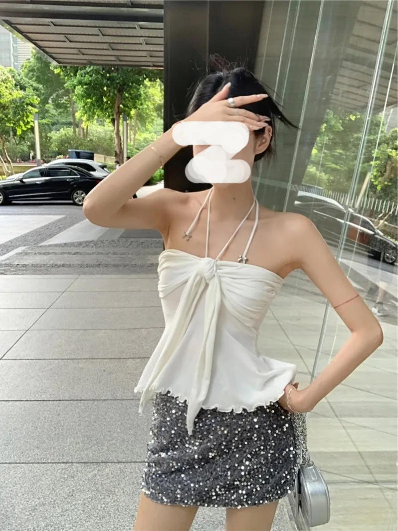 Lanfubeisi 2000s fashion Hot Girl Sexy Knitted Halter Vest Women's Summer Hot Girl Style Strap Backless Slim Slimming Short Top