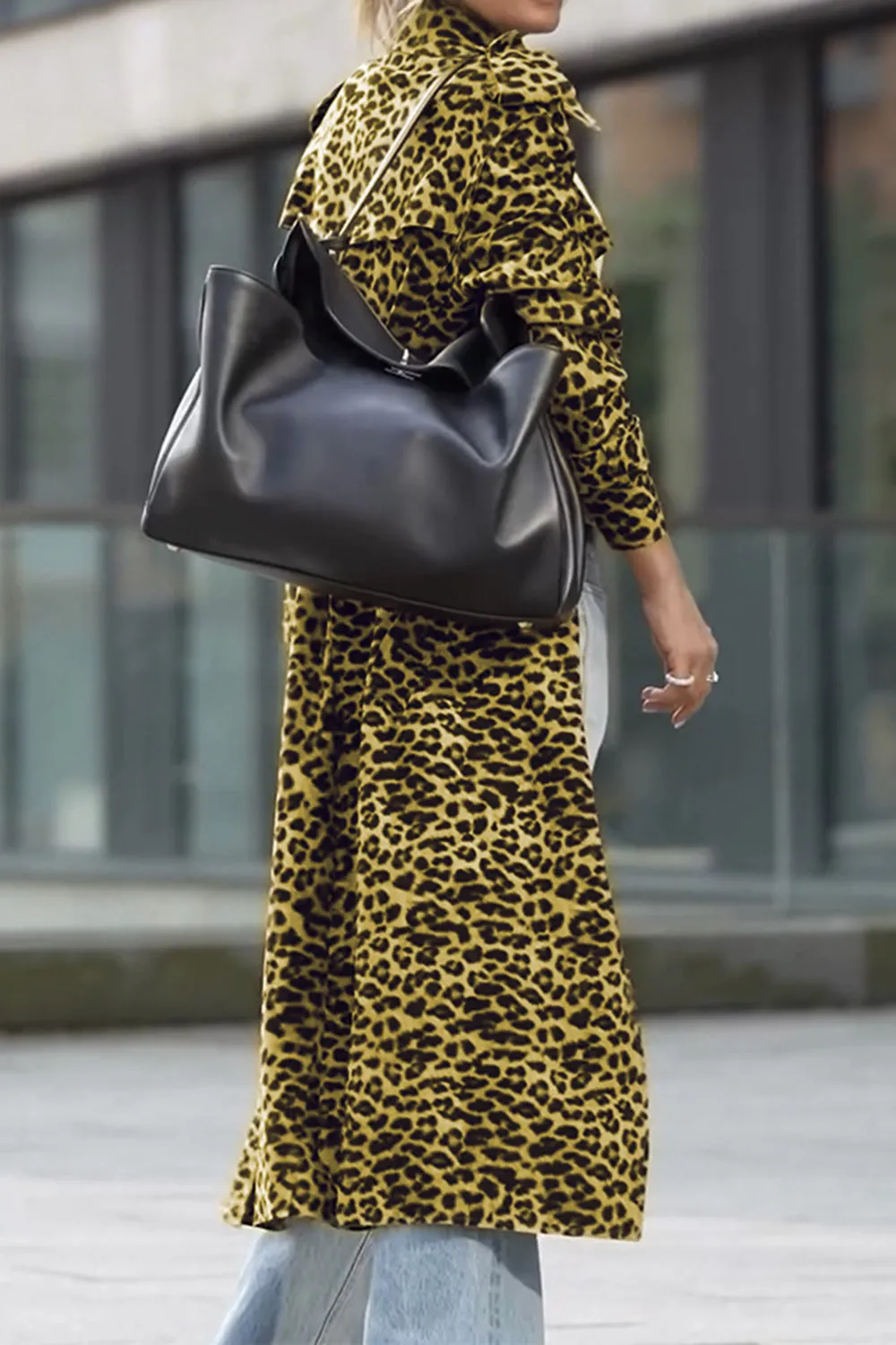 Leopard Collared Neck Long Sleeve Trench Coat