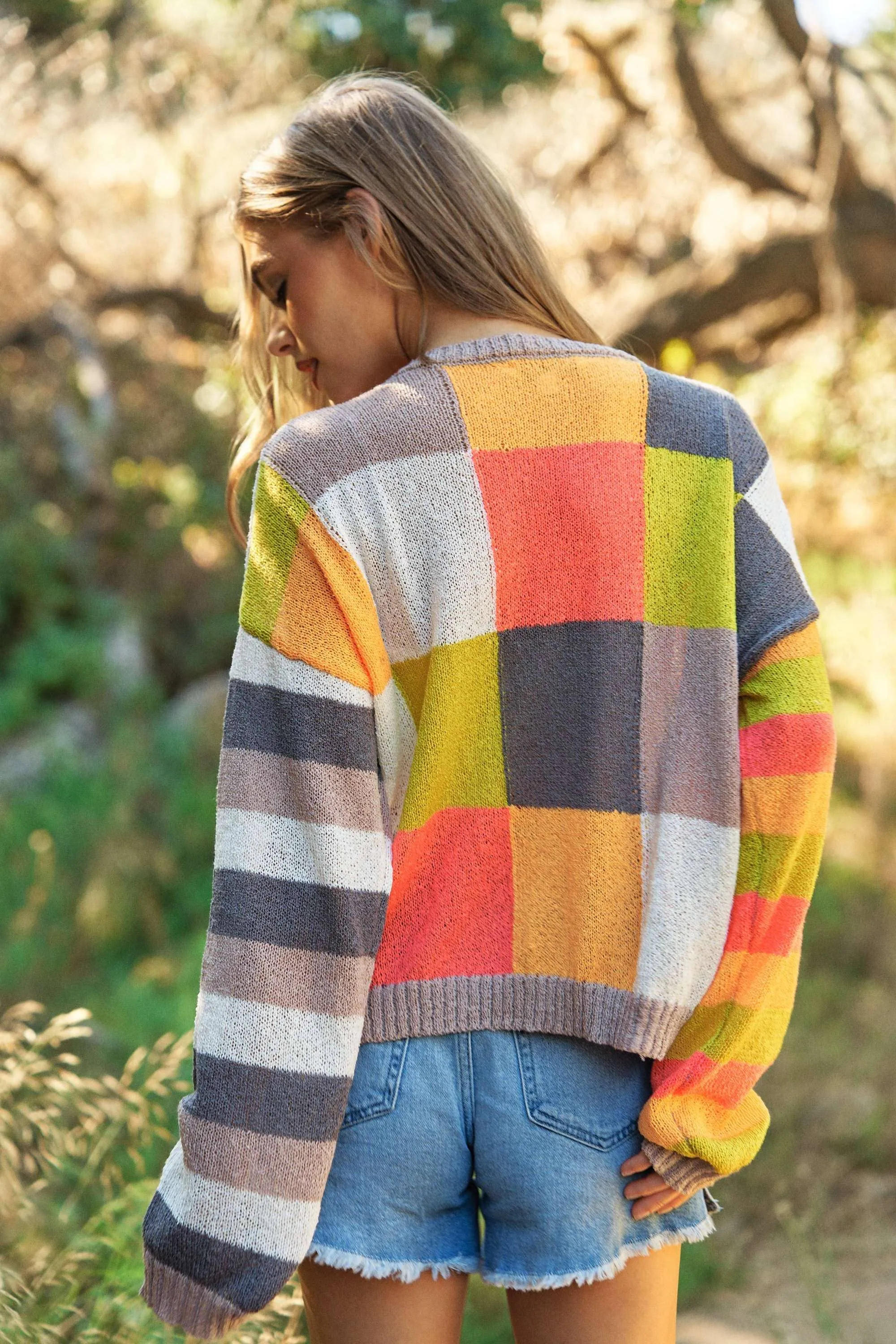 LIGHT WEIGHT CHECKERBOARD PULLOVER SWEATER TOP-neon multi