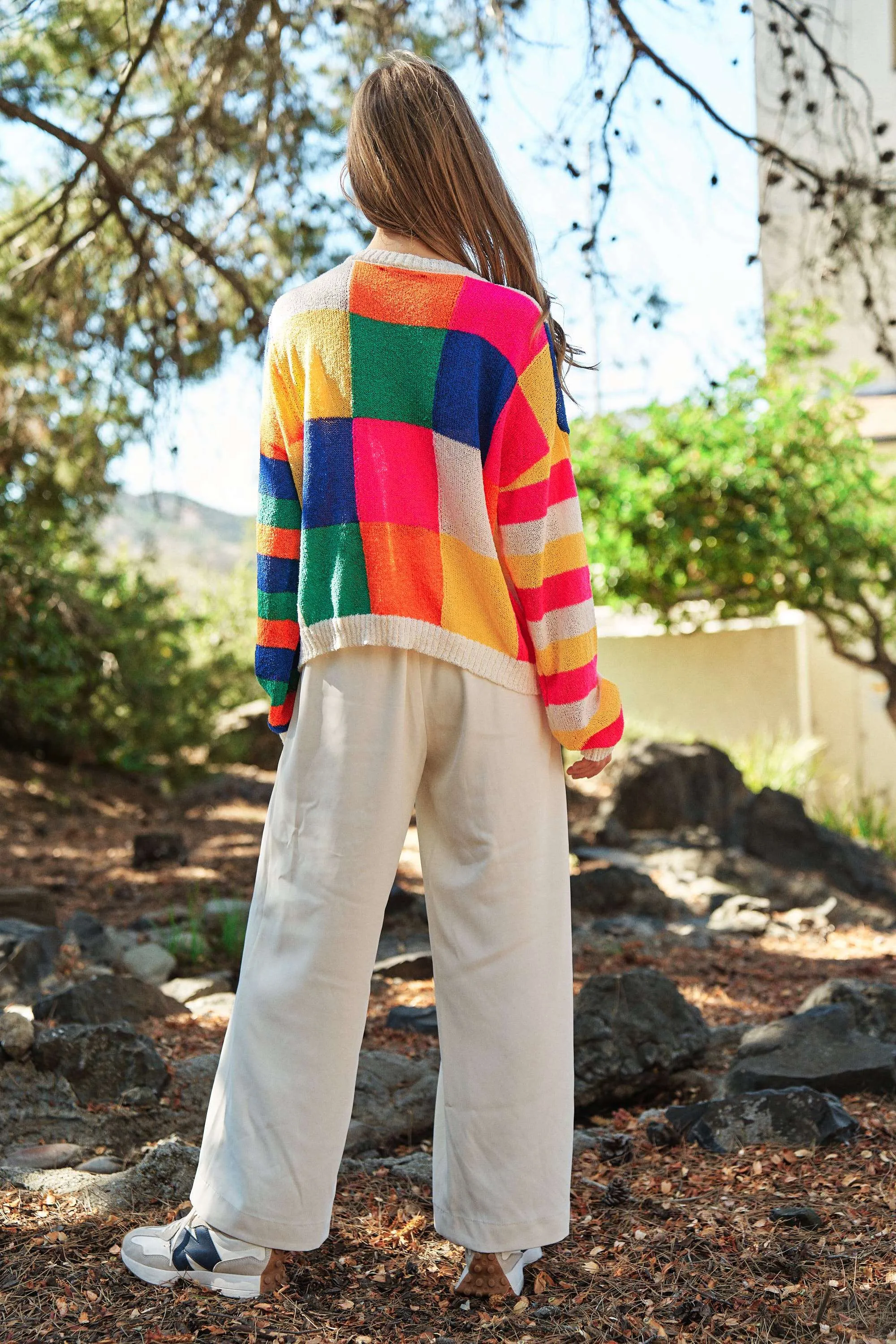 LIGHT WEIGHT CHECKERBOARD PULLOVER SWEATER TOP-neon multi