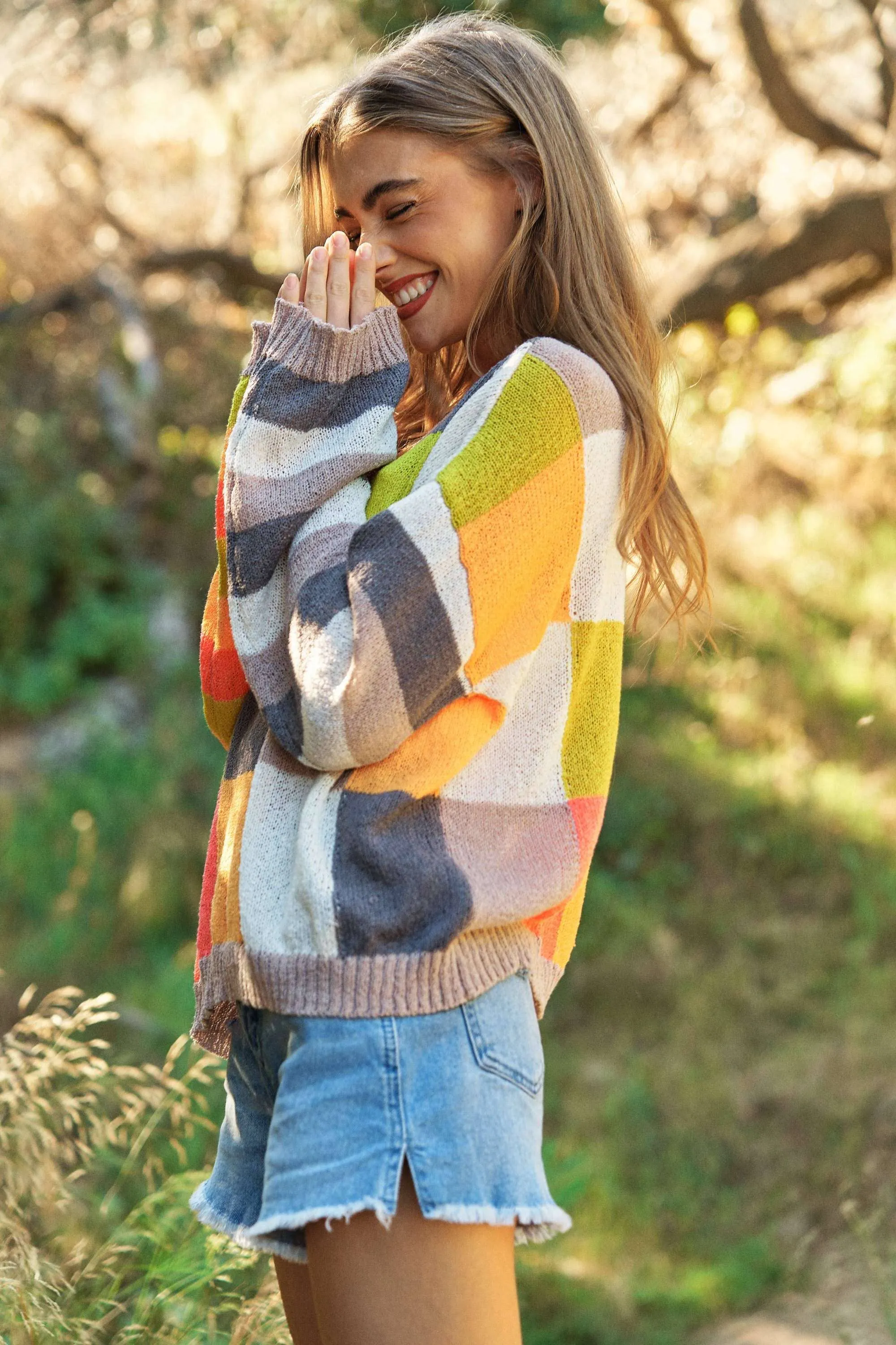 LIGHT WEIGHT CHECKERBOARD PULLOVER SWEATER TOP-neon multi