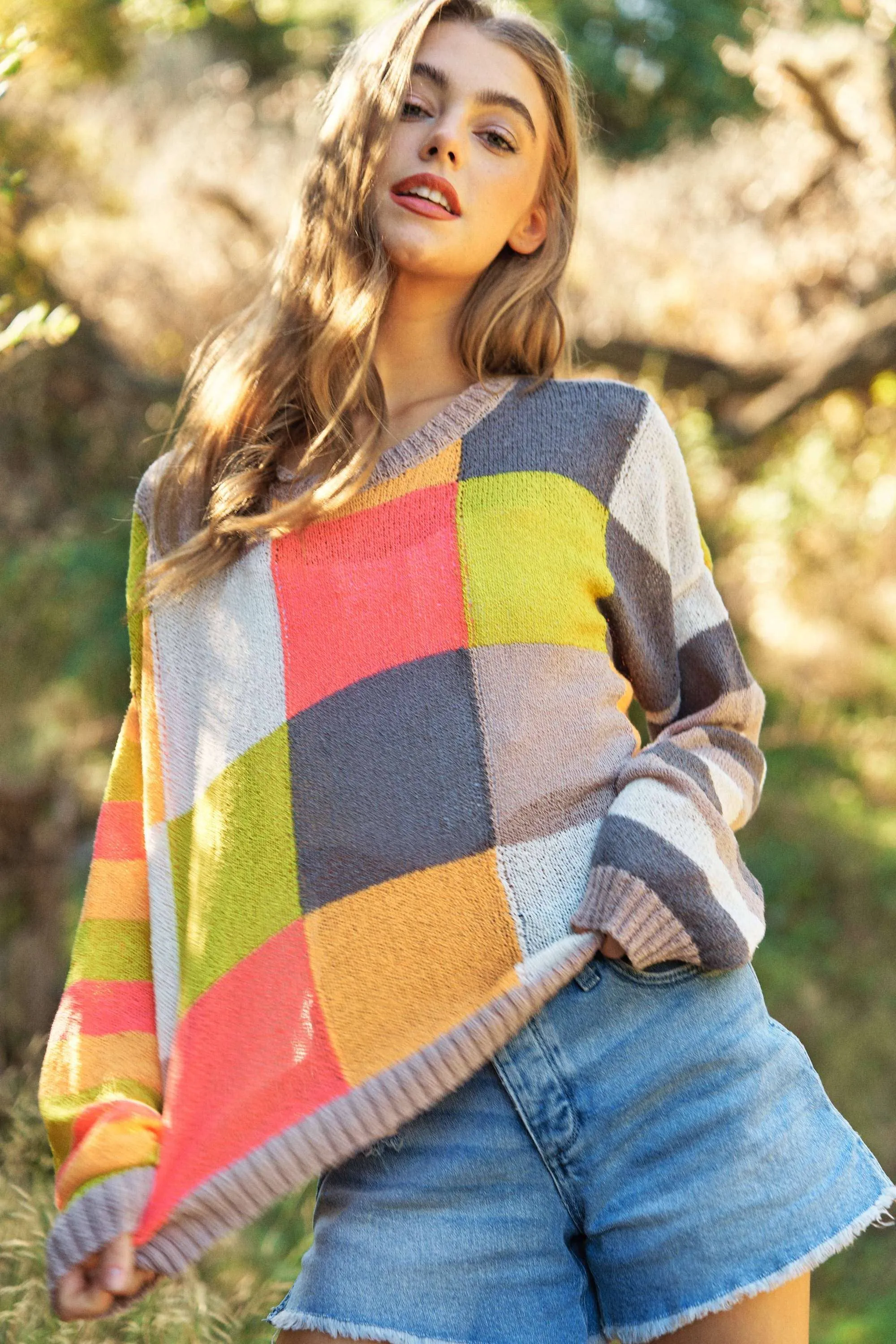 LIGHT WEIGHT CHECKERBOARD PULLOVER SWEATER TOP-neon multi