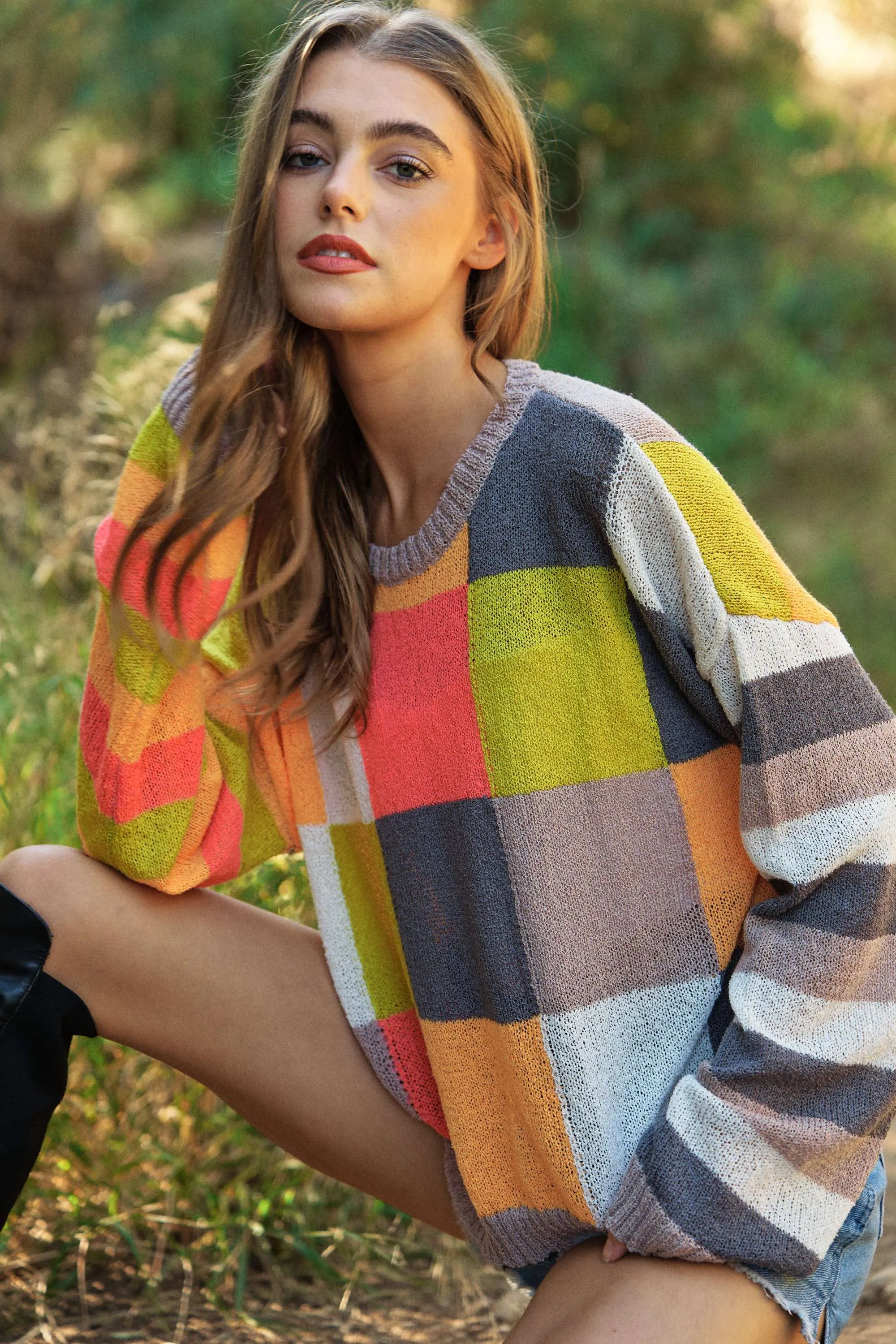 LIGHT WEIGHT CHECKERBOARD PULLOVER SWEATER TOP-neon multi