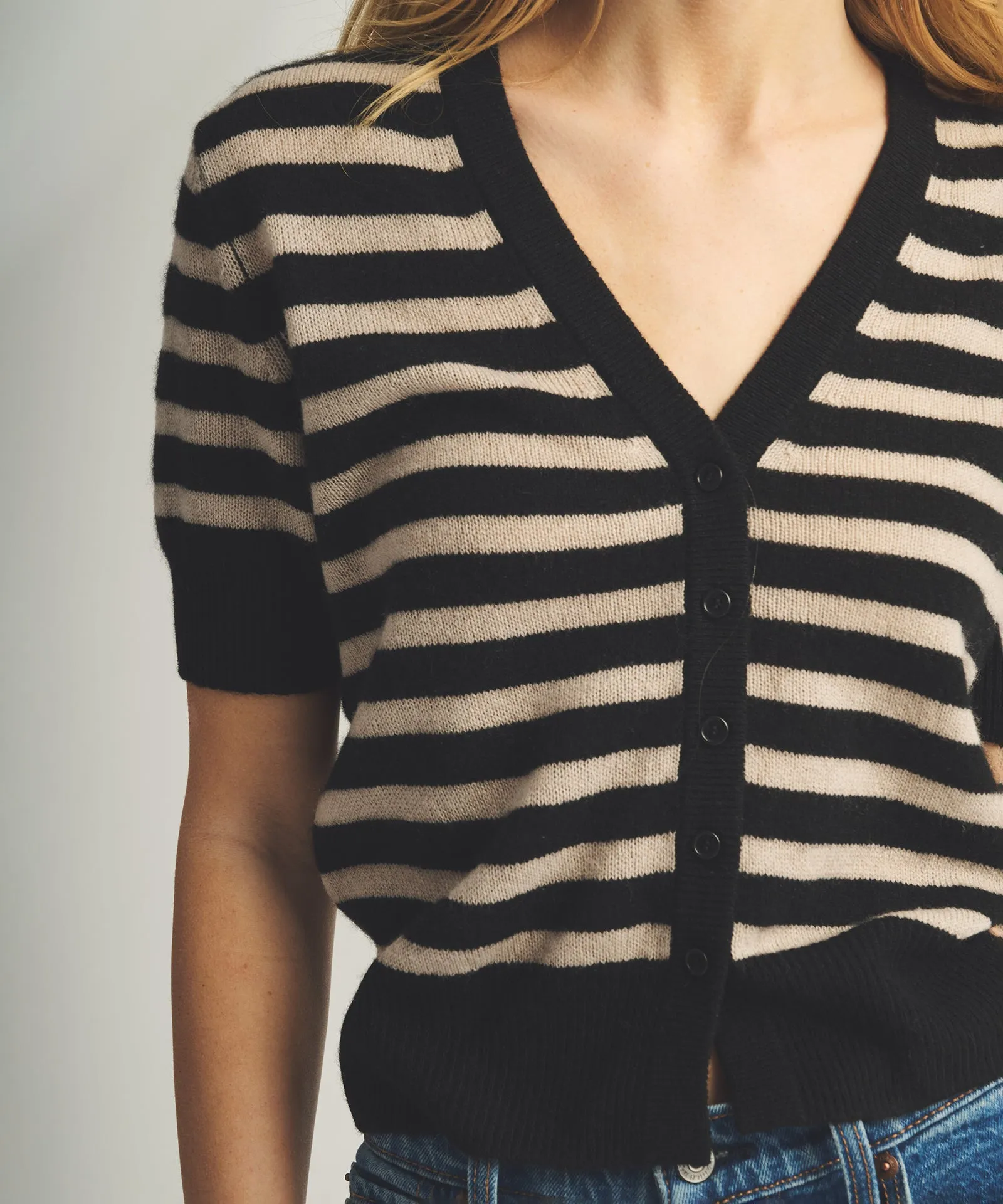 Lightweight Cashmere Striped Short Sleeve Cardigan