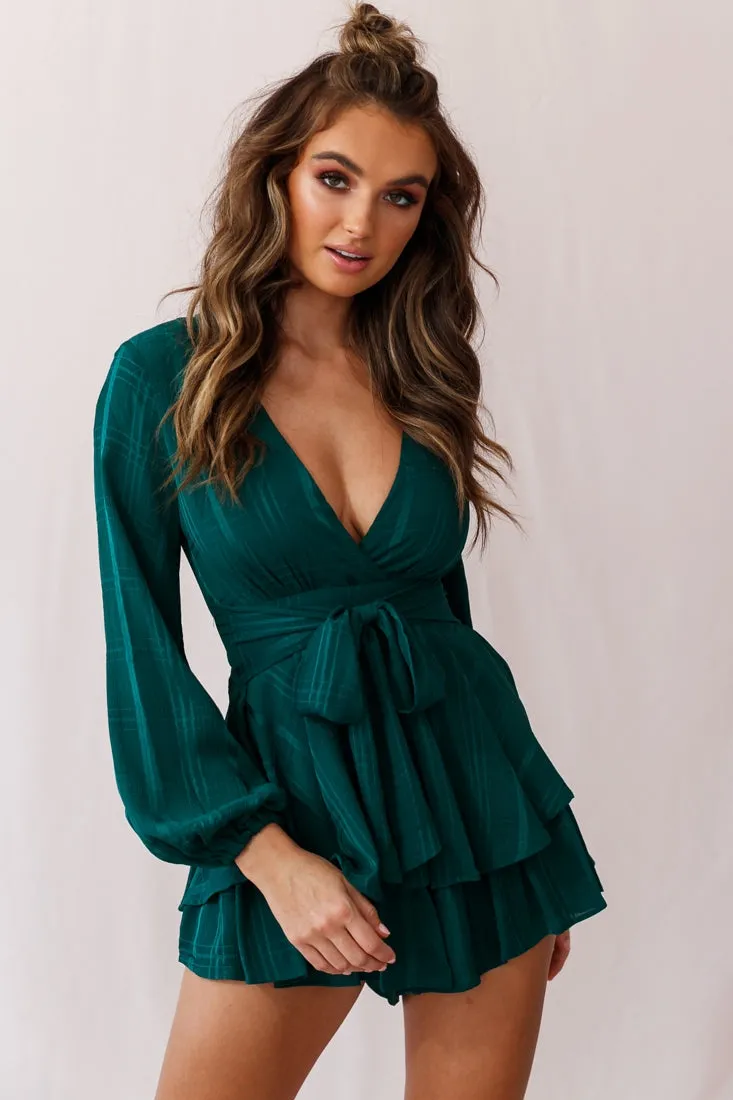 Maddox Fit & Flare Long Sleeve Romper Forest Green