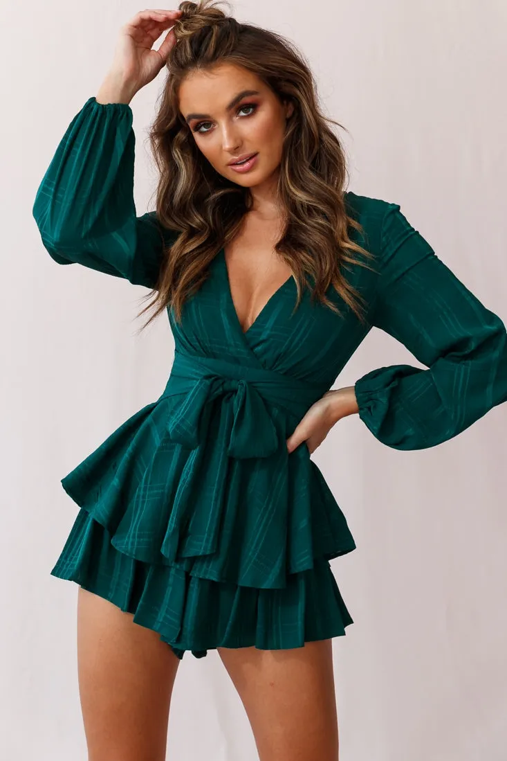 Maddox Fit & Flare Long Sleeve Romper Forest Green