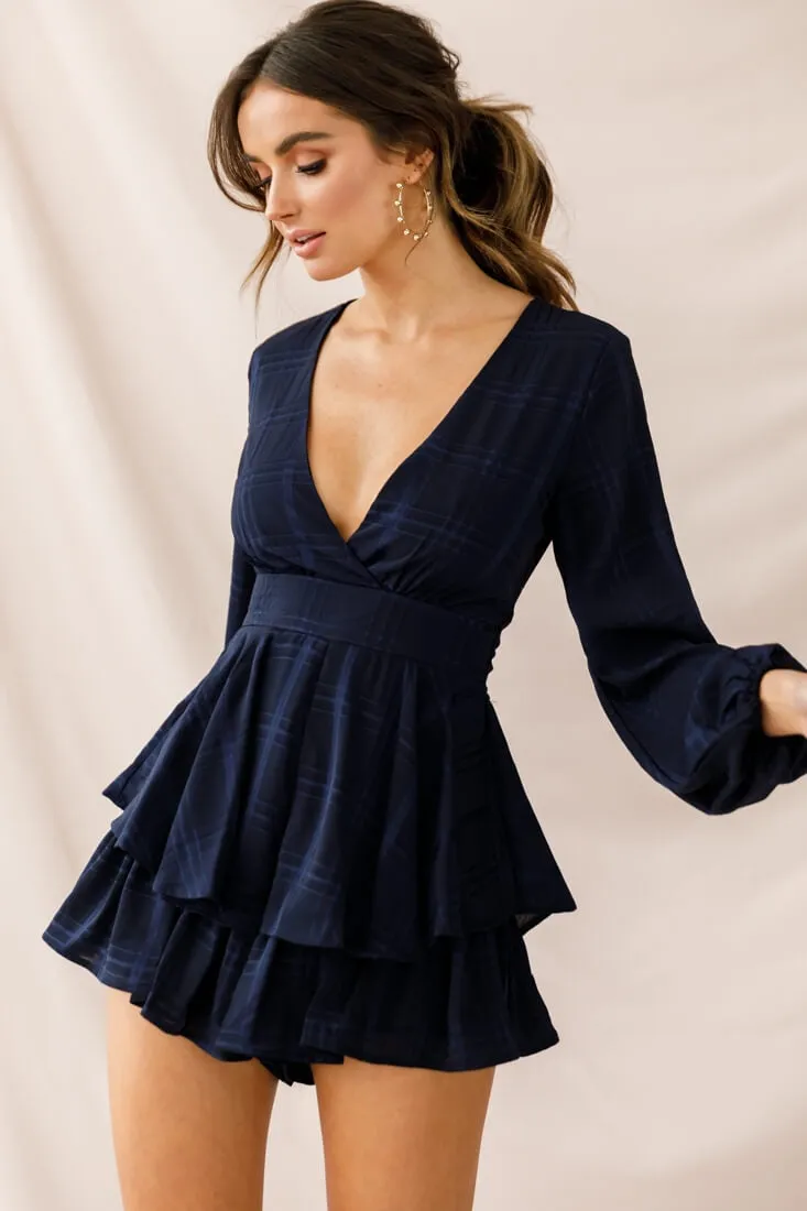 Maddox Fit & Flare Long Sleeve Romper Navy