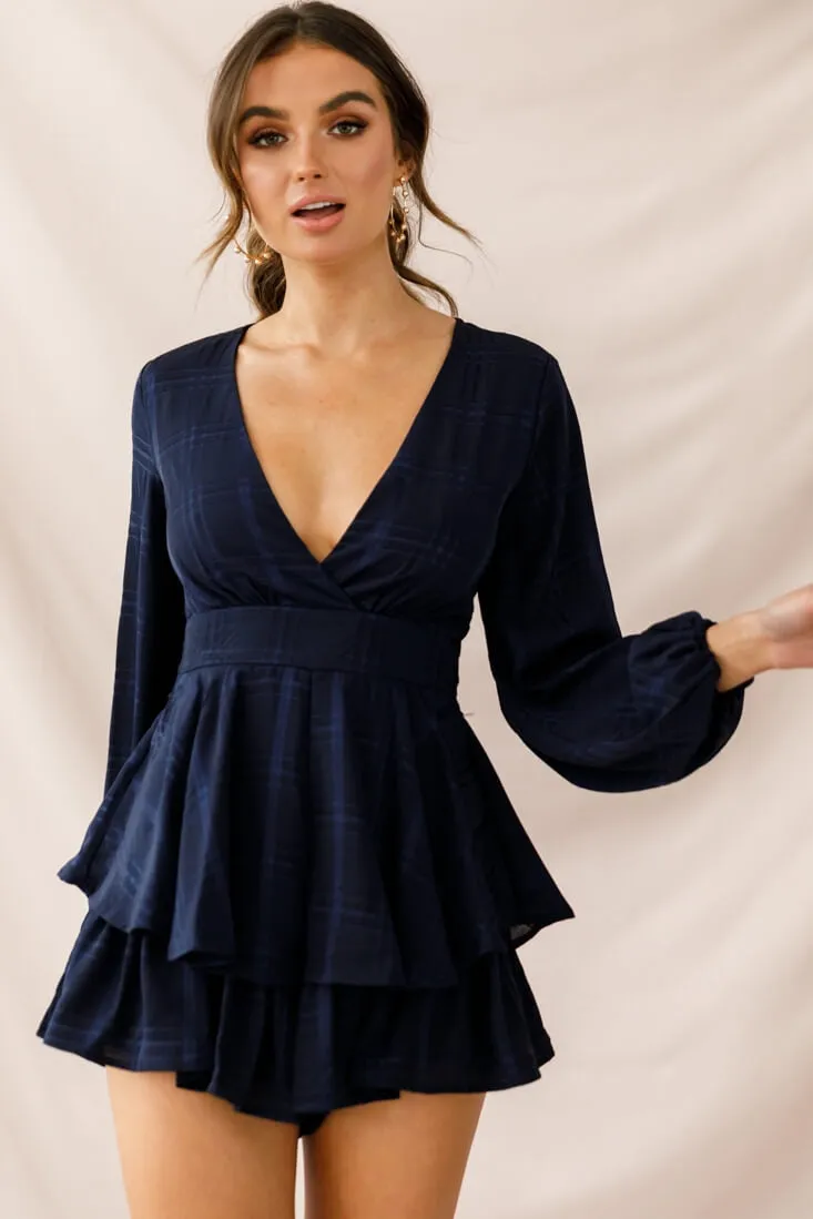 Maddox Fit & Flare Long Sleeve Romper Navy