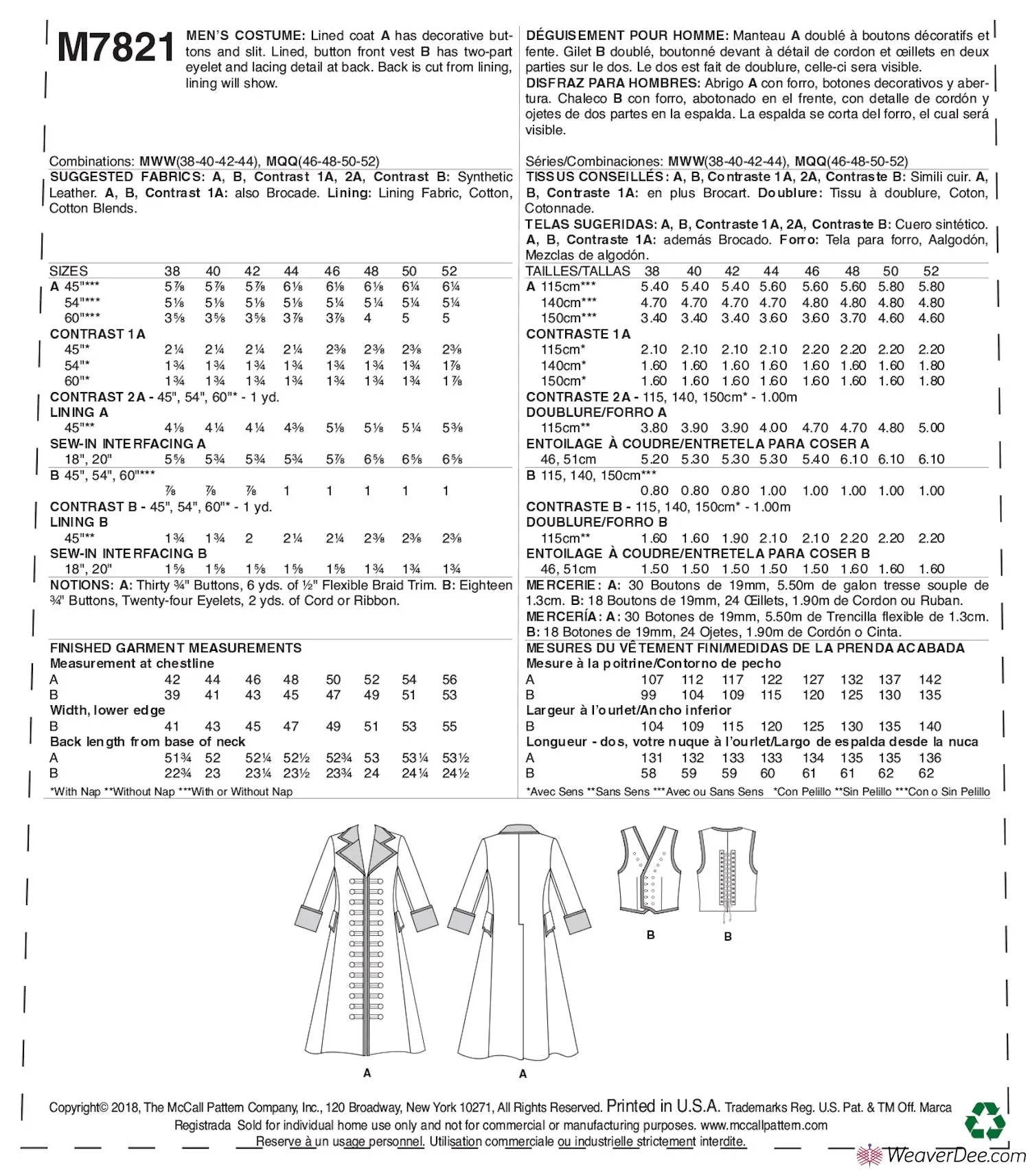 McCall's Pattern M7821 Men's Trench Coat Costume