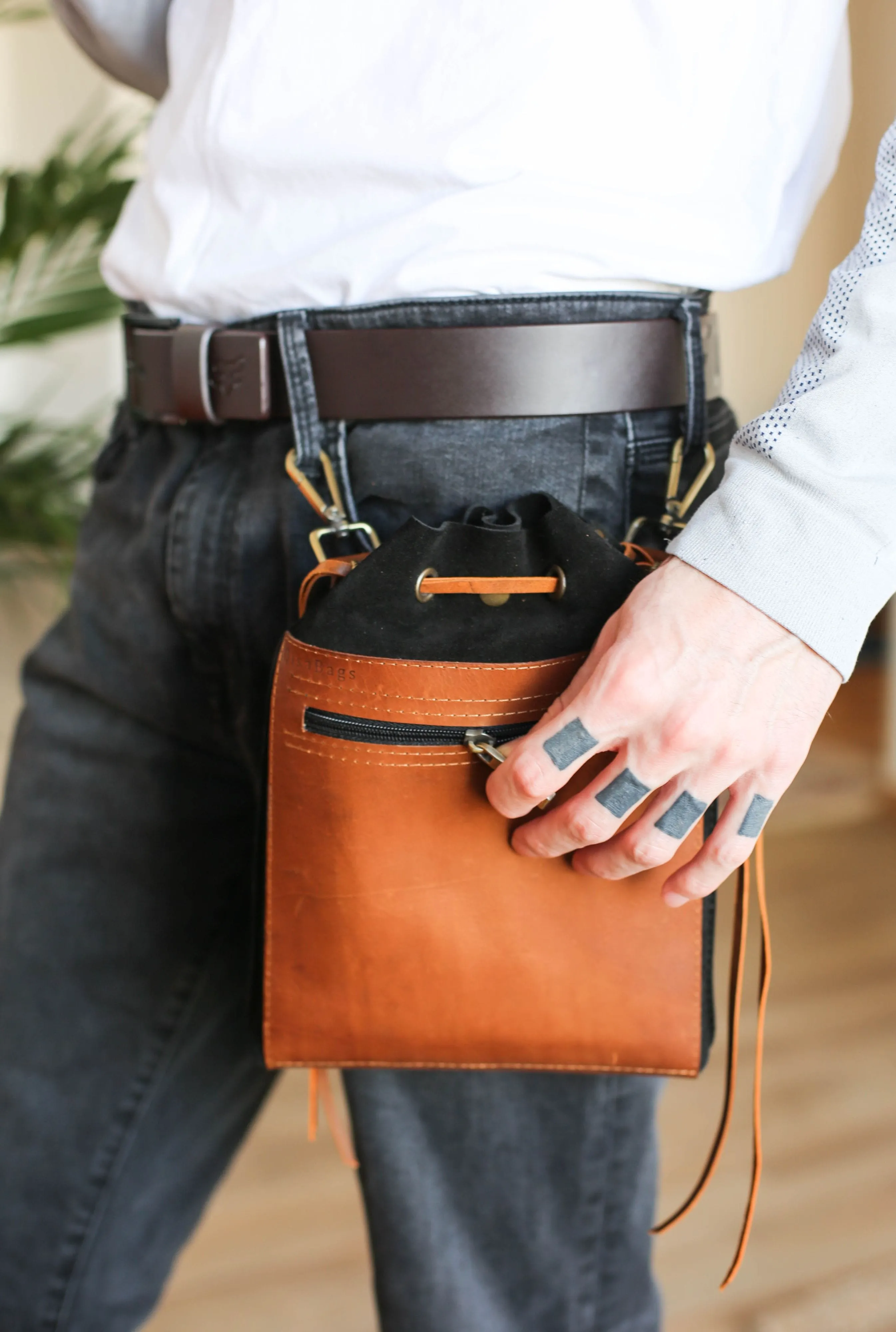 Men's Crossbody Leather Bags - Men's Belt Bag- Black