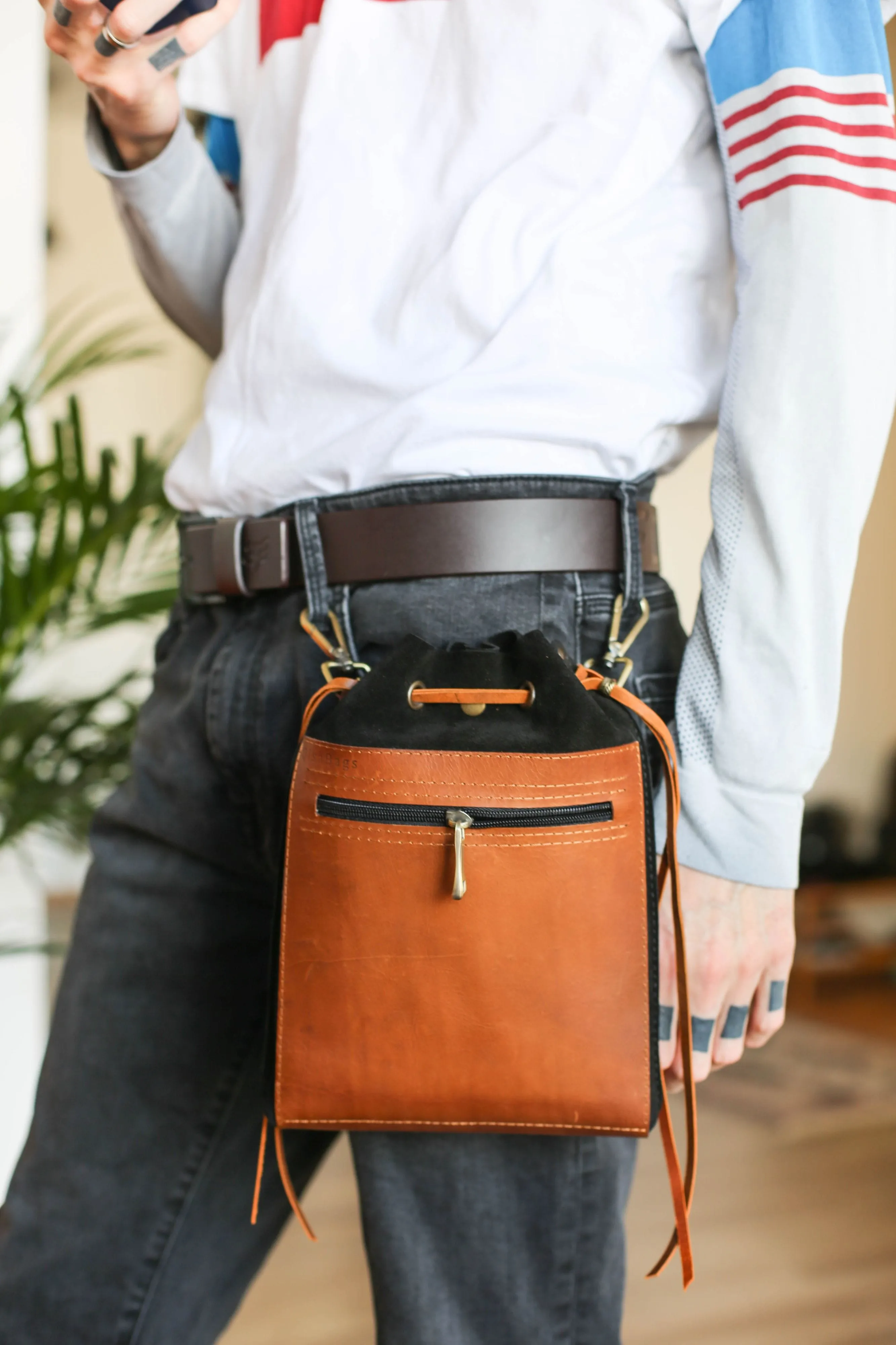 Men's Crossbody Leather Bags - Men's Belt Bag- Black