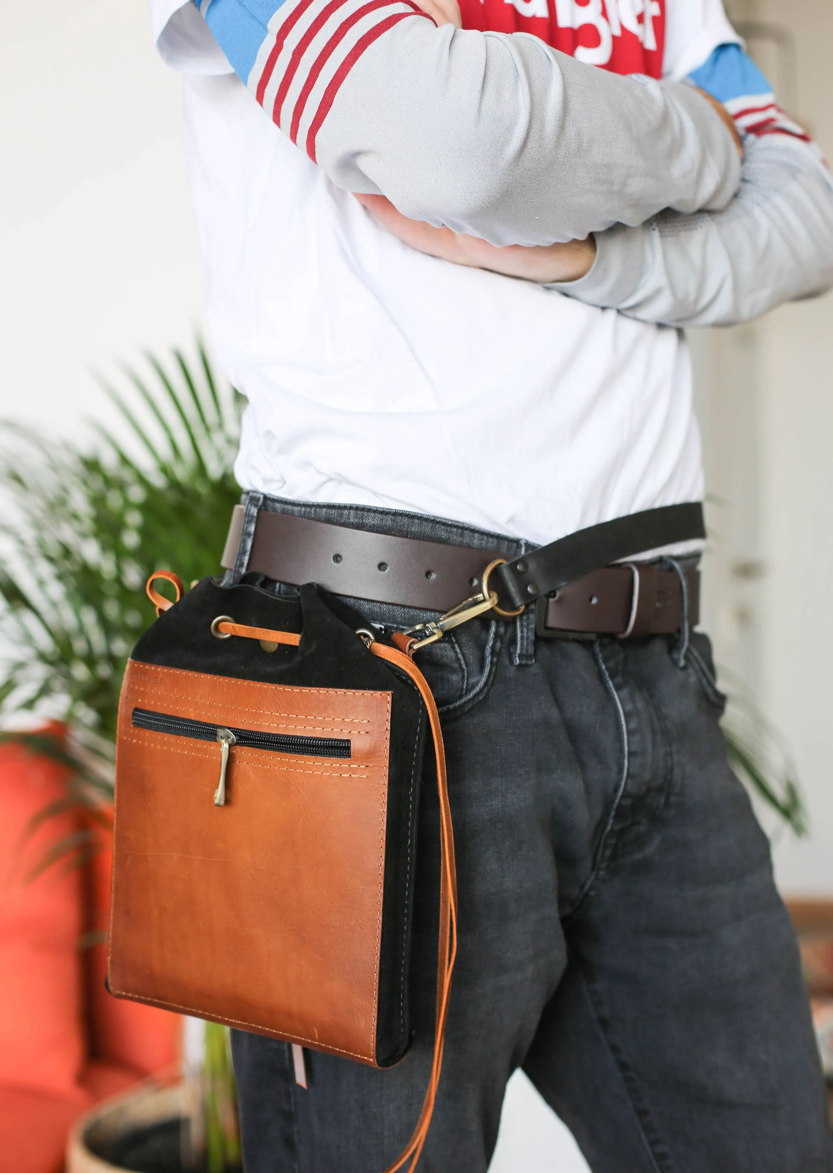 Men's Crossbody Leather Bags - Men's Belt Bag- Black