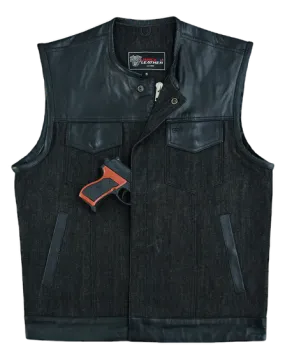 Mens Denim & Leather Motorcycle Vest with Dual Conceal Carry Pockets, SOA Biker Club Vest, Snap & Zipper Closure