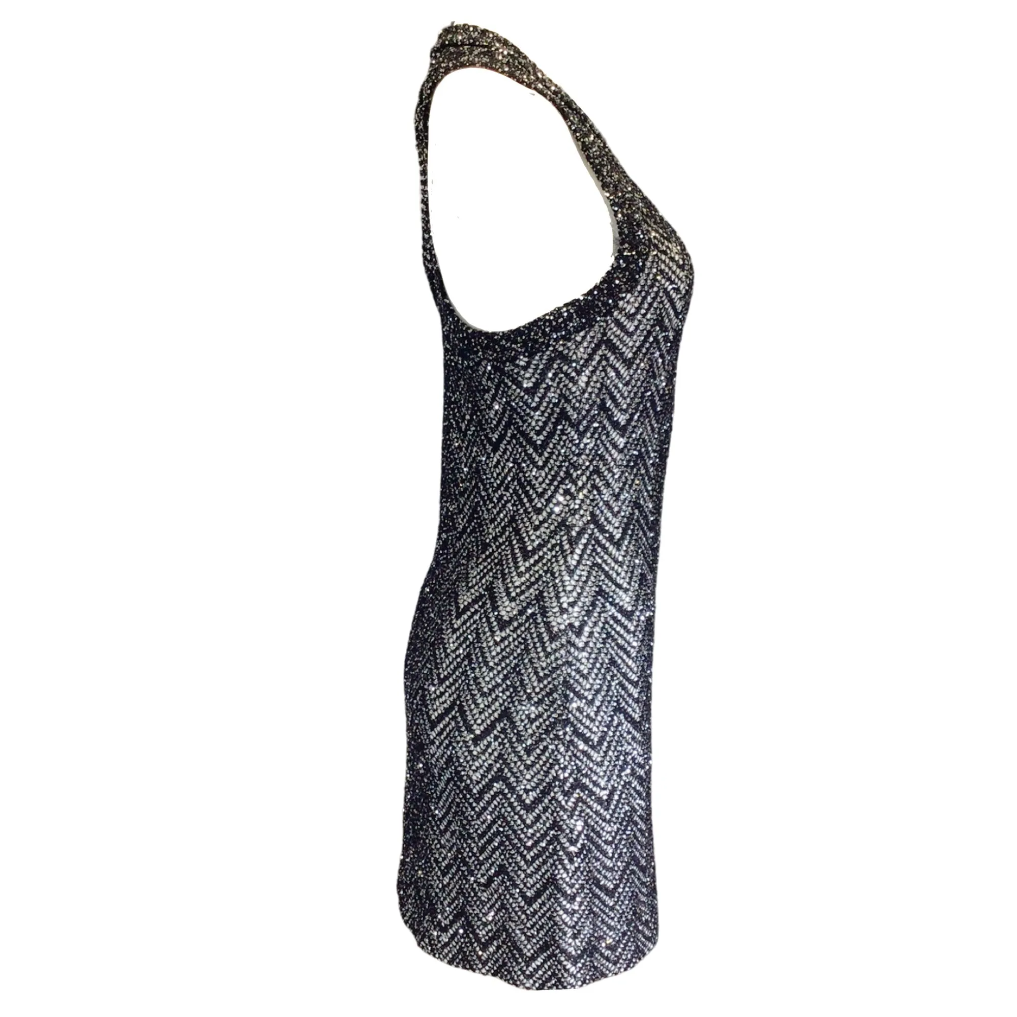 Missoni Black / White / Silver Sequined Racerback V-Neck Sleeveless Knit Dress