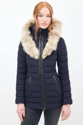 Navy Down & Fur Trim Hooded Puffer Jacket