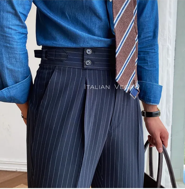 Navy Striped Buttoned Gurkha Pants | Italian Vega® Limited Edition