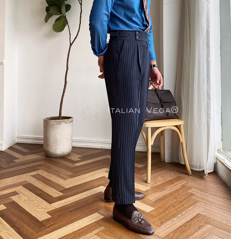 Navy Striped Buttoned Gurkha Pants | Italian Vega® Limited Edition